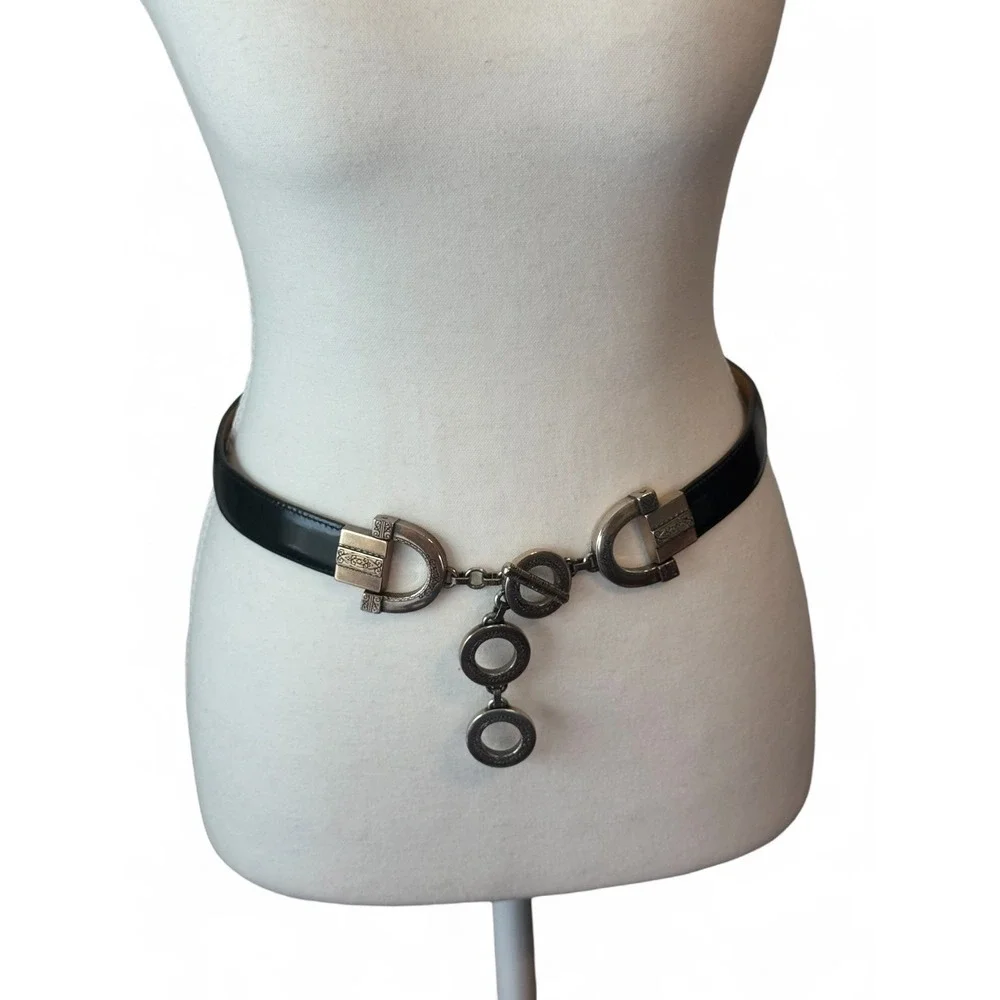 Vintage Brighton Black Leather Toggle Belt Silver Horseshoe Chain M
